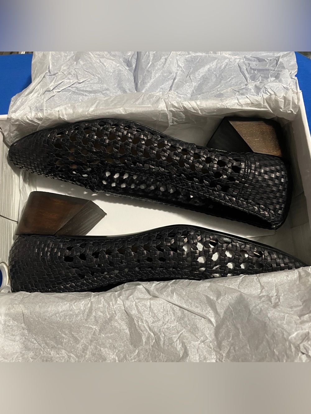 Flattered Black Woven Leather Low Heel Pumps